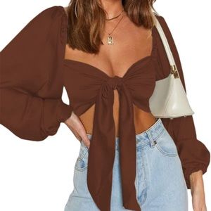 Self Tie Front Crop Top Long Lantern Sleeve Chiffon Blouses